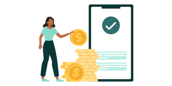 woman with phone and coins