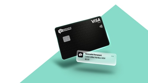 Newcastle Permanent Visa Debit card and digital wallet notification reading "Newcastle Permanent, Lords Coffee Hamilton, NSW, $5.00" floating on white background