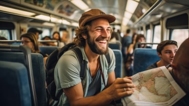 Man on train seeking directions on a map