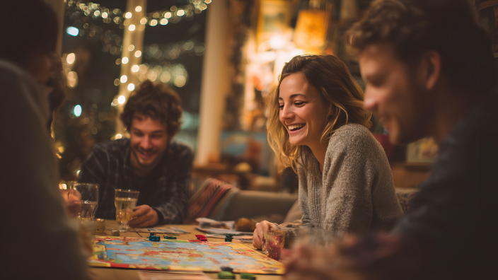 friends in cozy room playing board games