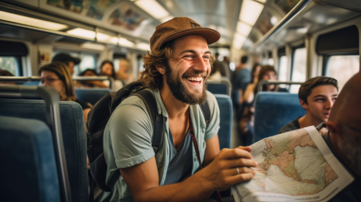 Guy happy on train travelling with backpack holding a map