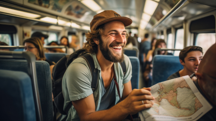 Man on train seeking directions on a map
