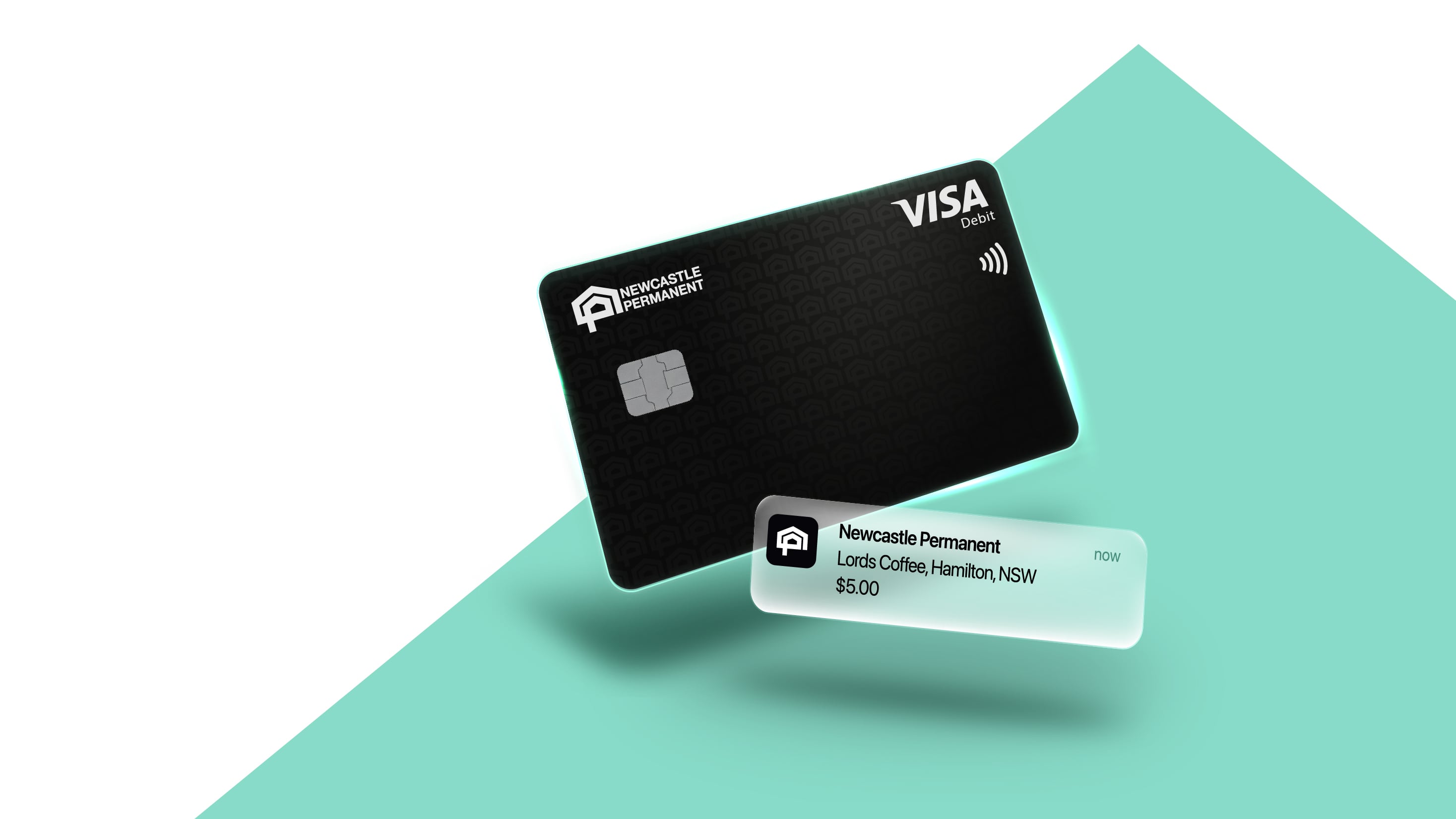 Newcastle Permanent Visa Debit card and digital wallet notification reading "Newcastle Permanent, Lords Coffee Hamilton, NSW, $5.00" floating on white background